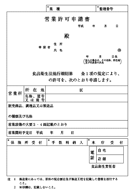 営業許可変更申請書（食品）